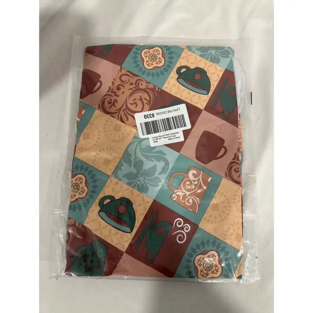Round Fitted Waterproof Round Tablecloth with Elastic Edge, Patterned Cups